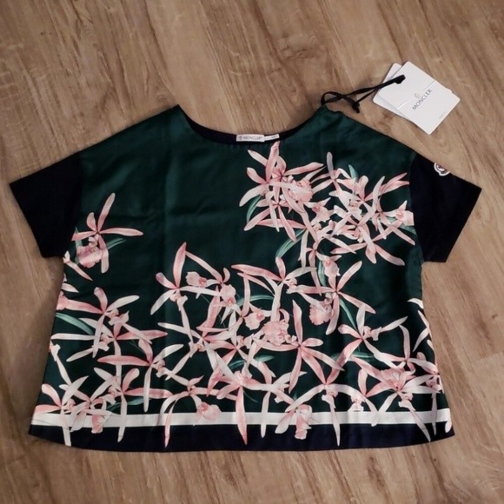NWT Moncler Green Floral Summer Chic Feminine Edgy Fairy Silk Cotton Top Size XS